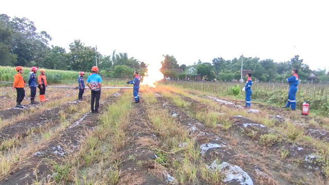 Pembakaran semburan gas dari sumur bor di Desa Klepek, Kecamatan Sukosewu, Kabupaten Bojonegoro, Jawa Timur. Jumat (22/03/2025). (Aset: Istimewa)