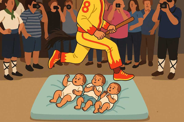 Ilustrasi seorang pria melompati beberapa bayi dalam tradisi El Colacho (Foto: penulis)