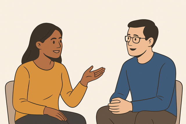 Dua orang berbicara secara asertif dan saling mendengarkan. (sumber https://istockphoto.com)