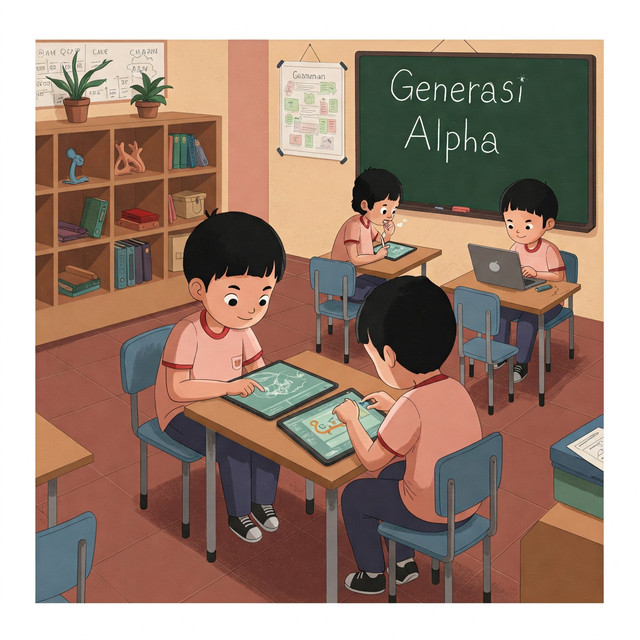 Gambar ini menggambarkan anak-anak Generasi Alpha yang belajar dengan teknologi dalam ruang kelas yang modern.