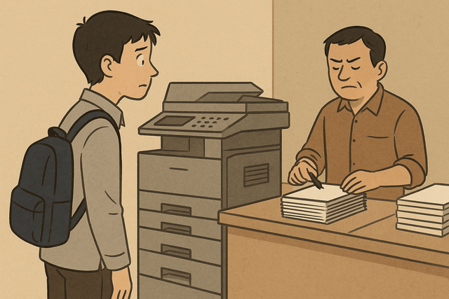 Gambar 1. Ilustrasi menunggu di toko print. Sumber: Gambar dihasilkan oleh AI melalui ChatGPT (OpenAI, 2025).