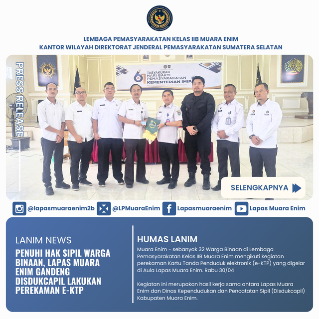 Lapas Muara Enim Gandeng Disdukcapil Lakukan Perekaman E-KTP