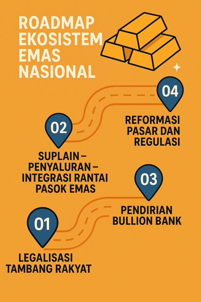 Roadmap Ekosistem Emas Nasional di Indonesia. Sumber ilustrasi: Dihasilkan oleh AI (ChatGPT & DALL·E), OpenAI, 2025.