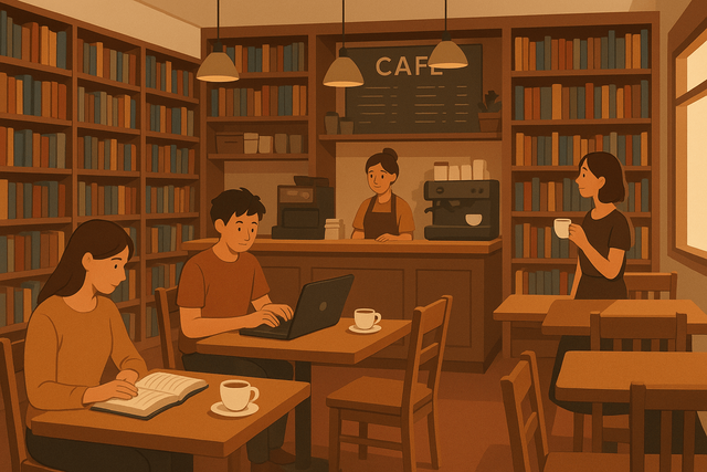 ilustrasi kafe perpustakaan, https://chatgpt.com/c/6812264c-eec4-8006-a33c-a7516ba5011b