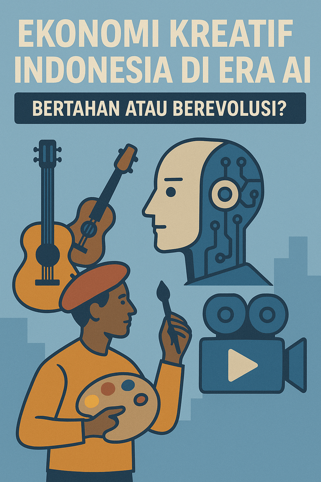 Ilustrasi dibuat oleh ChatGPT-DALL·E menggunakan kecerdasan buatan (AI), menggambarkan dinamika ekonomi kreatif Indonesia di tengah perkembangan teknologi AI.