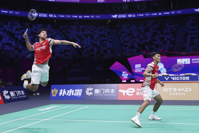 Muhammad Shohibul Fikri/Daniel Marthin saat Piala Sudirman 2025 di Fenghuang Gymnasium, Xiamen, China. Foto: Dok. PBSI