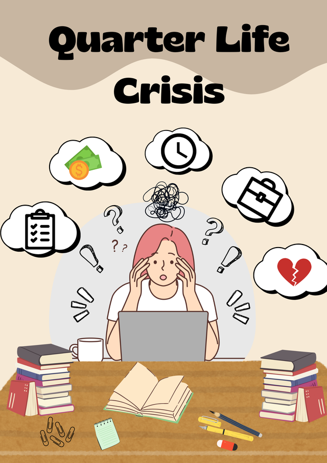 Desain ilustrasi buatan penulis yang menggambarkan perasaan mahasiswa saat menghadapi quarter life crisis: penuh tekanan, kebingungan, dan tuntutan dari berbagai arah.