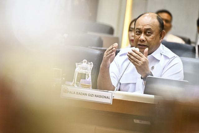 Kepala Badan Gizi Nasional Dadan Hindayana memberikan paparan saat mengikuti rapat dengar pendapat dengan Komisi IX DPR di Kompleks Parlemen, Senayan, Jakarta, Selasa (6/5/2025) Foto: Rivan Awal Lingga/ANTARA FOTO