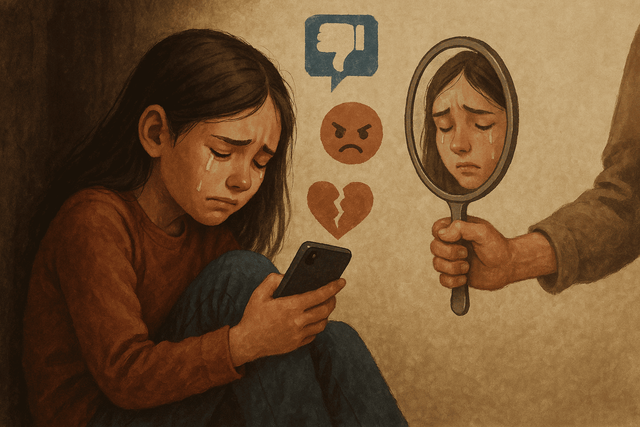 Gambar dihasilkan oleh Sora OpenAI, merupakan Ilustrasi anak menangis akibat tekanan digital, kurangnya empati dan refleksi yang justru memperparah luka emosional.