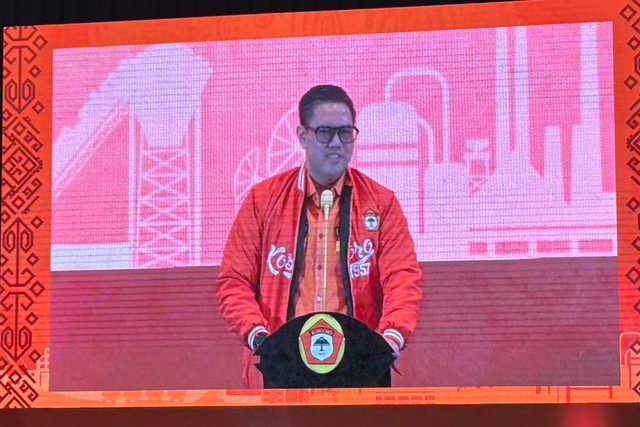 Ketua umum PPK Kosgoro 1957 Dave Akbarshah Fikarno di acara Muspinas III di Hotel Sultan, Jakarta Pusat pada Rabu (7/5/2025). Foto: Abid Raihan/kumparan