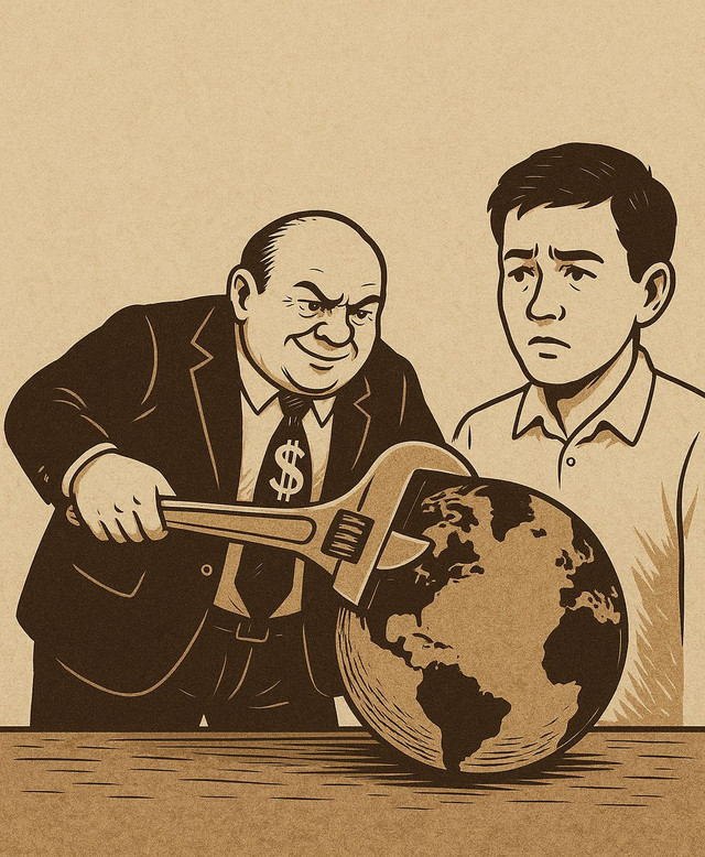 Ilustrasi: Cengkeraman Kaya atas Bumi. (Sumber: orisinal dihasilkan menggunakan AI (DALL-E) oleh ChatGPT)