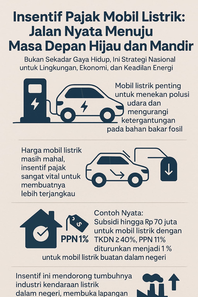 Ilustrasi: Beli Mobil Listrik dapat insentif pajak. (Sumber: orisinal dihasilkan menggunakan AI (DALL·E) oleh ChatGPT)