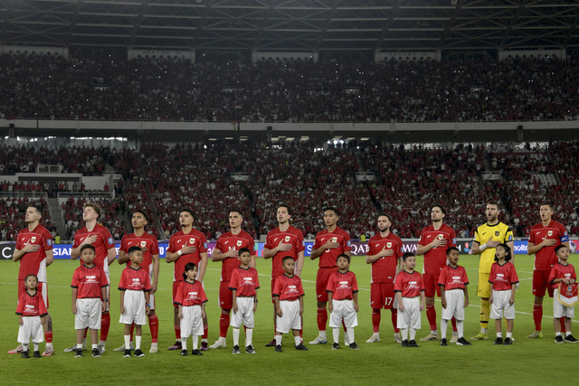 Timnas Indonesia pada pertandingan ronde ketiga Kualifikasi Piala Dunia 2026 zona Asia di Stadion Utama Gelora Bung Karno, Jakarta, Selasa (25/3/2025). Foto: Bay Ismoyo/AFP