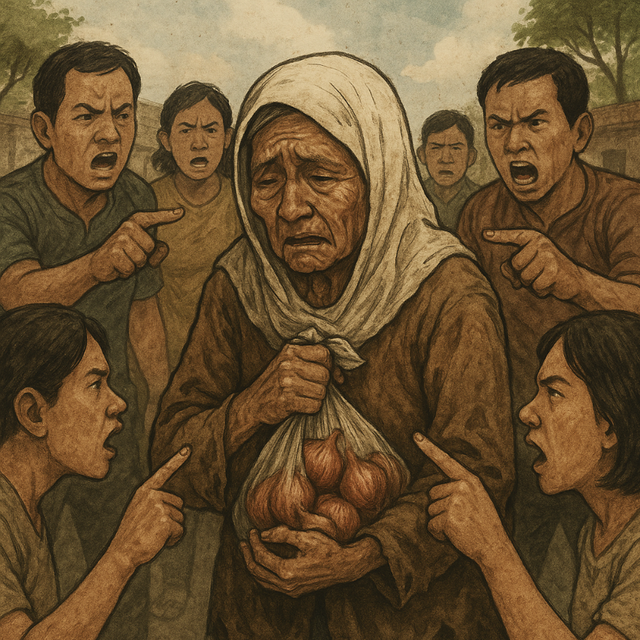 Ilustrasi nenek mencuri bawang di hakimi warga, Sumber ChatGpt