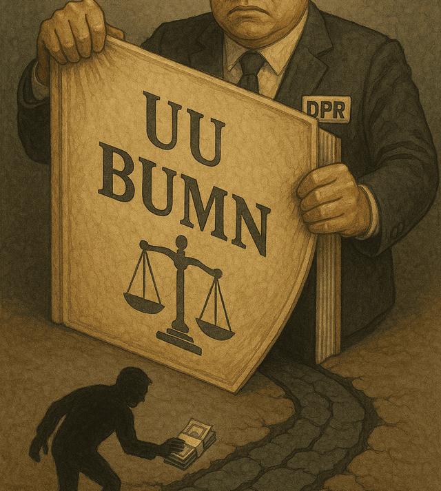 Koruptor menggerut keuntungan dari UU BUMN yang baru. Sumber : Canva Design