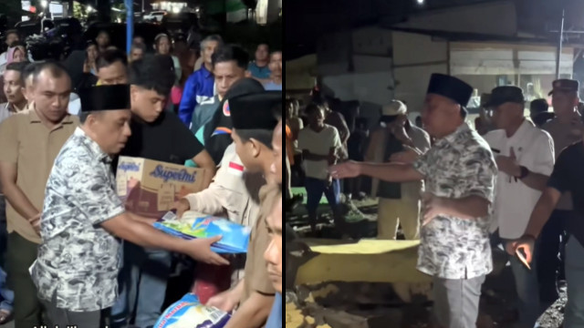 Kolase foto Bupati Bolmong, Yusra Alhabsyi mengunjungi korban kebakaran di Desa Bakan, Kecamatan Lolayan, untuk memberikan bantuan kepada warga.