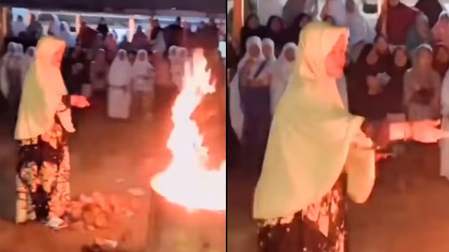 Guru pesantren bakar hp sitaan di depan para santri. (Foto: @fakta.indo/Instagram)