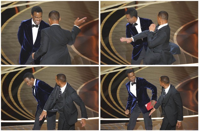 Will Smith (kanan) menampar Chris Rock saat Rock berbicara di atas panggung selama Oscars ke-94 di Hollywood, Los Angeles, California, AS, 27 Maret 2022. Foto: REUTERS/Brian Snyder