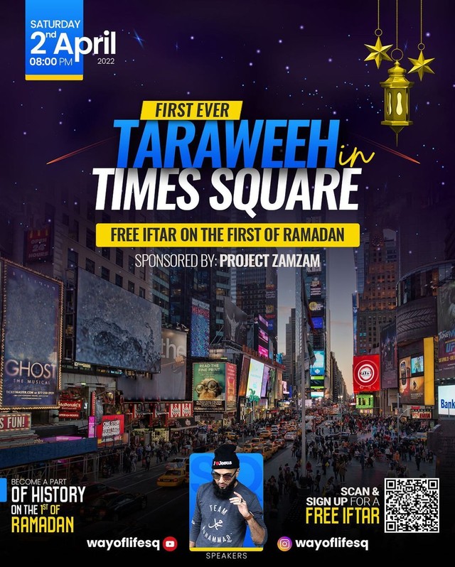 Ajakan salat Tarawih di Times Square, New York pada 2 April 2022 Foto: Instagram/@wayoflifesq