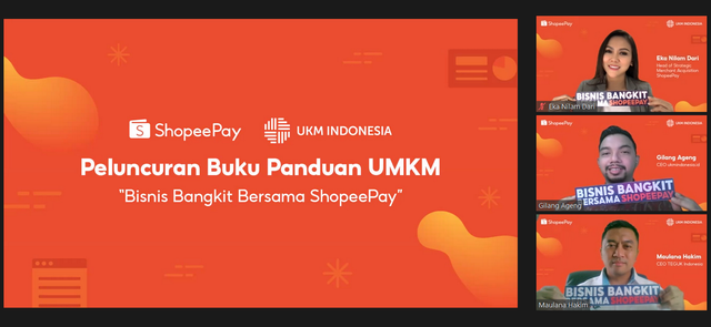 Keterangan foto: Peluncuran buku panduan UMKM gratis “Bisnis Bangkit Bersama ShopeePay” bersama Eka Nilam Dari, Head of Strategic Merchant Acquisition ShopeePay; Gilang Ageng, CEO ukmindonesia.id; serta Maulana Hakim, CEO TEGUK INDONESIA.