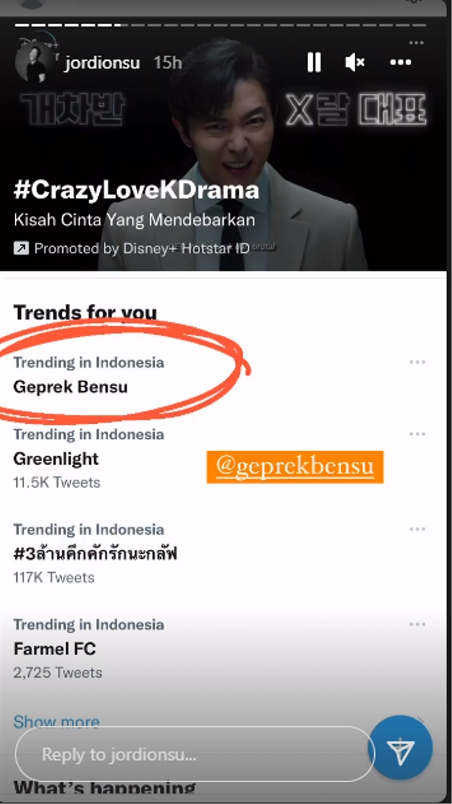 Geprek Bensu Trendi Twitter. Foto: IG Story/jordionsu