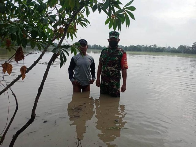 Permukiman warga dan sawah di Dukuh Bayur, Desa Bojong, Kecamatan Jatibarang, Kabupaten Brebes, terendam banjir Kamis (21/4/2022).