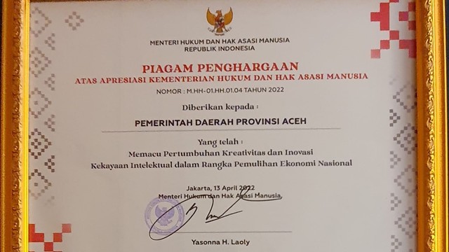 Aceh Dapat Penghargaan Kemenkumham Atas Kontribusi Pacu Kekayaan Intelektual (360239)