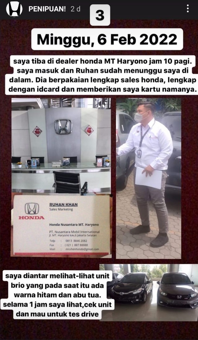 Kasus Penipuan Oknum Sales Honda MT Haryono. Foto: Dok. Istimewa