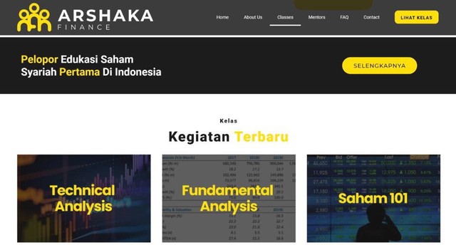 Tampilan situs web layanan edukasi Arshaka Finance, rancangan tim mahasiswa ITS, yang dapat diakses melalui tautan arshakafinance.com