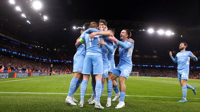 Selebrasi pemain Manchester City Kevin De Bruyne usai mencetak gol ke gawang Atletico Madrid pada pertandingan leg pertama perempat final Liga Champions di Etihad Stadium, Manchester, Inggris. Foto: Lee Smith/REUTERS