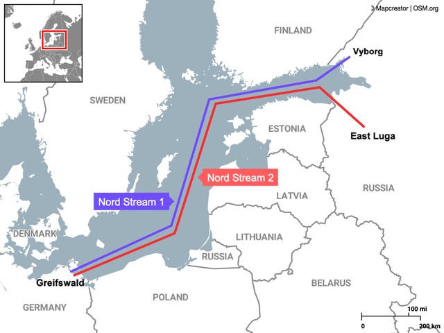 Jerman memasang pipa Nord Stream 2 sebagai tanggapan atas gerakan Rusia di wilayah Donbas. Foto: Mapcreator/OSM via Reuters