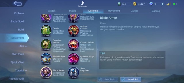 Kisah dan Tips Penggunaan Blade Armor. (Foto: Tangkapan Layar di Game Mobile Legends)