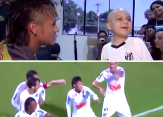 Neymar melakukan selebrasi tarian energik sesuai keinginan bocah pengidap kanker. Foto: istimewa.