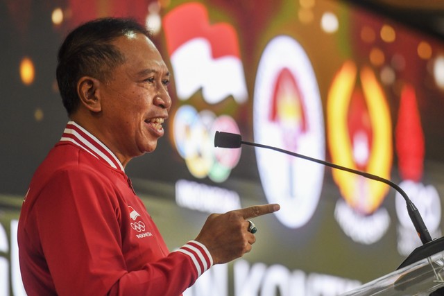 Menteri Pemuda dan Olahraga (Menpora) Zainudin Amali memberikan arahan saat pengumuman Kontingen Indonesia untuk SEA Games Hanoi 2021 di Kemenpora, Jakarta, Rabu (30/3/2022). Foto: Hafidz Mubarak A/ANTARA FOTO