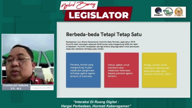 Anggota Komisi I DPR RI, Syaifullah Tamliha dalam Webinar Series: Ngobrol bareng Legislator bertajuk "Interaksi di Ruang Digital: Hargai Perbedaan, Hormati Keberagaman", pada Senin (28/03/2022). Foto: tangkapan layar