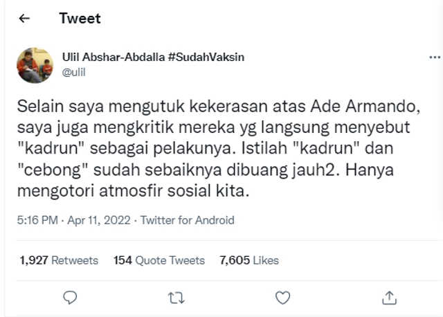 Foto: Screenshot dari twitter @ulii. Sumber: https://twitter.com/ulil/status/1513461048942424065?cxt=HHwWgsDTucWz8oAqAAAA