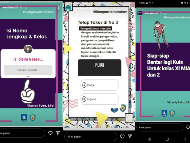 Virandy mengadakan kuis hingga ulangan harian melalui IG Story dengan memanfaatkan berbagai fiturnya.