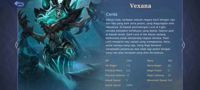 Statistik Hero Vexana. (Foto: Tangkapan Layar di Game Mobile Legends)