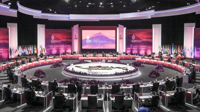 Pertemuan tingkat Menteri Keuangan dan Gubernur Bank Sentral di Jakarta Convention Center pada G20 Indonesia. Foto: ANTARA FOTO/Hafidz Mubarak A