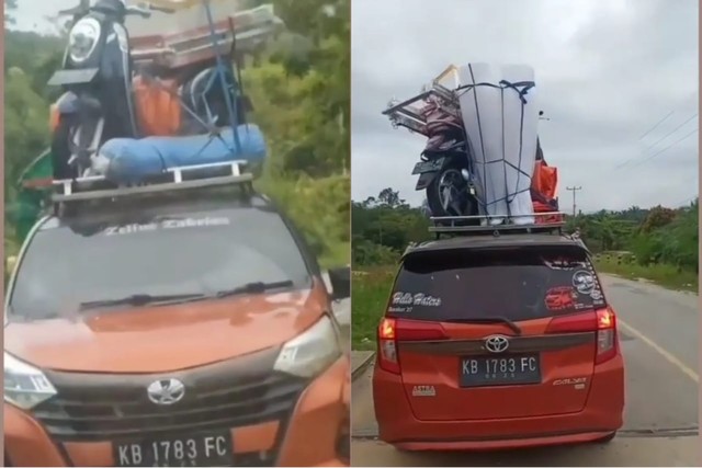 Kendaraan asal Kalbar membawa barang di atap mobil. Foto: Tangkapan Layar Instagram @kepoin_trending