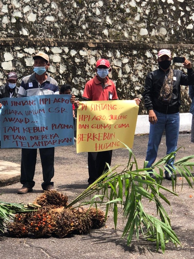 Beberapa poster berisi keluhan massa aliansi terkait kebun plasma di Kabupaten Sintang. (Foto: Yusrizal/Hi! Pontianak)