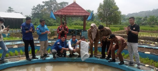 Pemerintah Provinsi Jawa Barat menebar 100 benih ikan jenis patin dan nila di Kabupaten Kuningan, Jabar. (Andri)