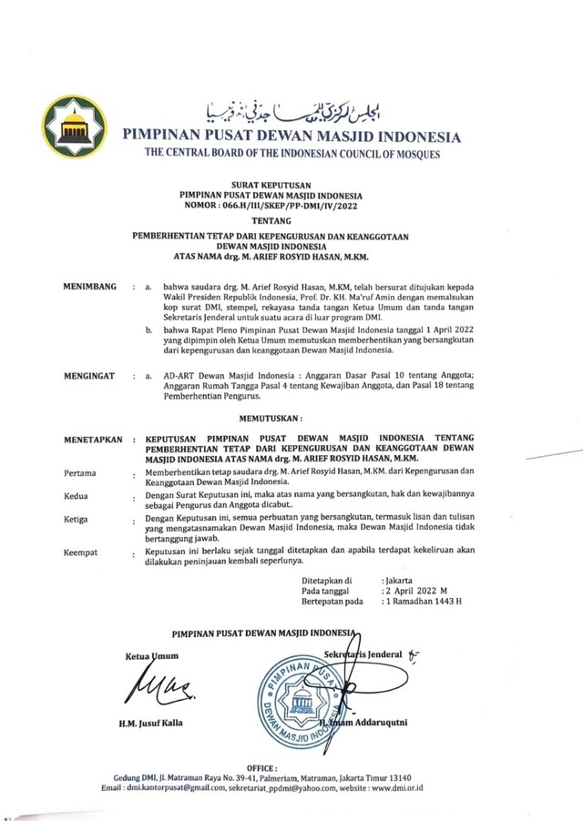 Surat keputusan Pimpinan Pusat Dewan Masjid Indonesia terkait Rosyid Hasan. Foto: Dok. Istimewa