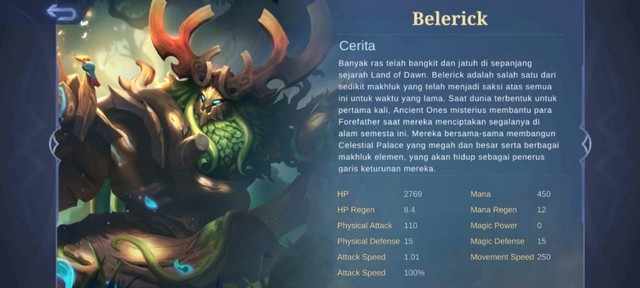 Statistik Hero Belerick. (Foto: Tangkapan Layar di Game Mobile Legends)