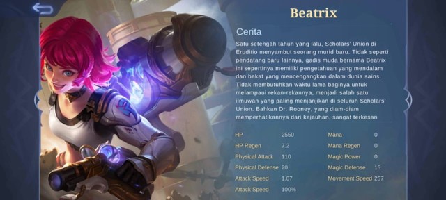 Statistik Hero Beatrix. (Foto: Tangkapan Layar di Game Mobile Legends)