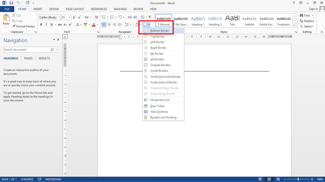 Tampilan Microsoft Word untuk membuat garis melalui opsi Bottom Border. Foto: Tangkapan layar Microsoft Word.