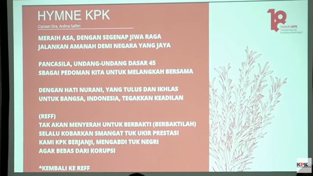 Lirik Hymne KPK Ciptaan istri Firli Bahuri, Ardina Safitri. Foto: Youtube/KPK RI