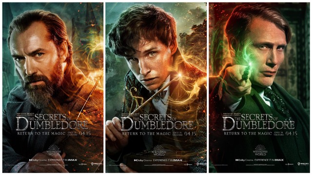 Tiga poster utama Fantastic Beasts: The Secrets of Dumbledore menampilkan Albus Dumbledore, Newt Scamander, dan Gellert Grindelwald. (Foto: Warner Bros)