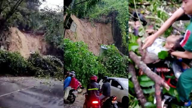 Kolase kejadian tanah longsor di ruas Jalan Kairagi Manado yang mengakibatkan seorang pengendara motor tertimbun material longsor.