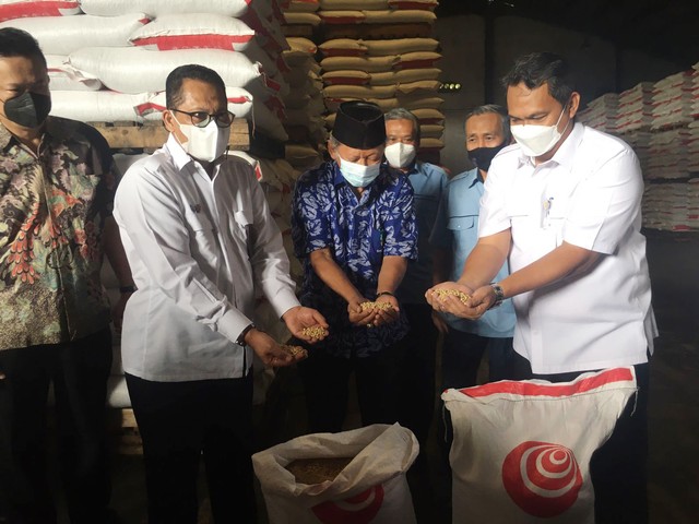 Direktur Utama Bulog, Budi Waseso (kiri) menunjukan kualitas kacang kedelai di acara launching pengadaan dan penyaluran kedelai 2022 di Gudang FKS Multiagro, Bekasi, Senin (18/4) Foto: Galang/kumparan